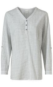 Baumwoll-Bluse mit grauen und weißen senkrechten und waagerechten Streifen, V-Ausschnitt mit Knopfleiste und drei Knöpfen, lange Ärmel mit Knopfverschluss zum Aufkrempeln, locker geschnitten
