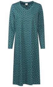 grünes langärmeliges Midikleid mit rundem Ausschnitt, mit blau-lila floral-geometrischem Allover-Muster, locker fallend, leichter Stoff