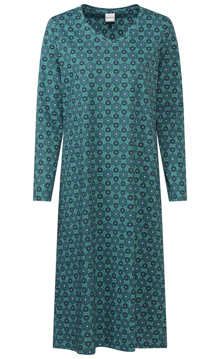 grünes langärmeliges Midikleid mit rundem Ausschnitt, mit blau-lila floral-geometrischem Allover-Muster, locker fallend, leichter Stoff