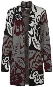 Baumwoll-Mix-Strickjacke mit offenem Schnitt, langärmelig, florales Muster in Schwarz, Weiß, Grau und Dunkelrot, bequeme Passform, angenehmes Tragegefühl, vielseitig kombinierbar, mittellang
