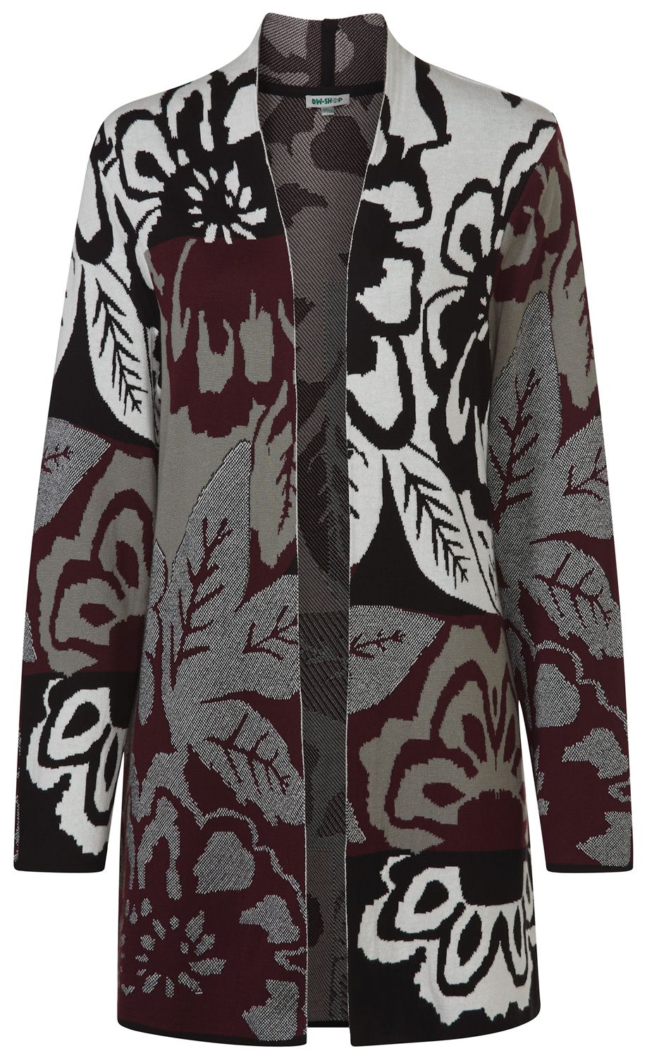 Baumwoll-Mix-Strickjacke mit offenem Schnitt, langärmelig, florales Muster in Schwarz, Weiß, Grau und Dunkelrot, bequeme Passform, angenehmes Tragegefühl, vielseitig kombinierbar, mittellang