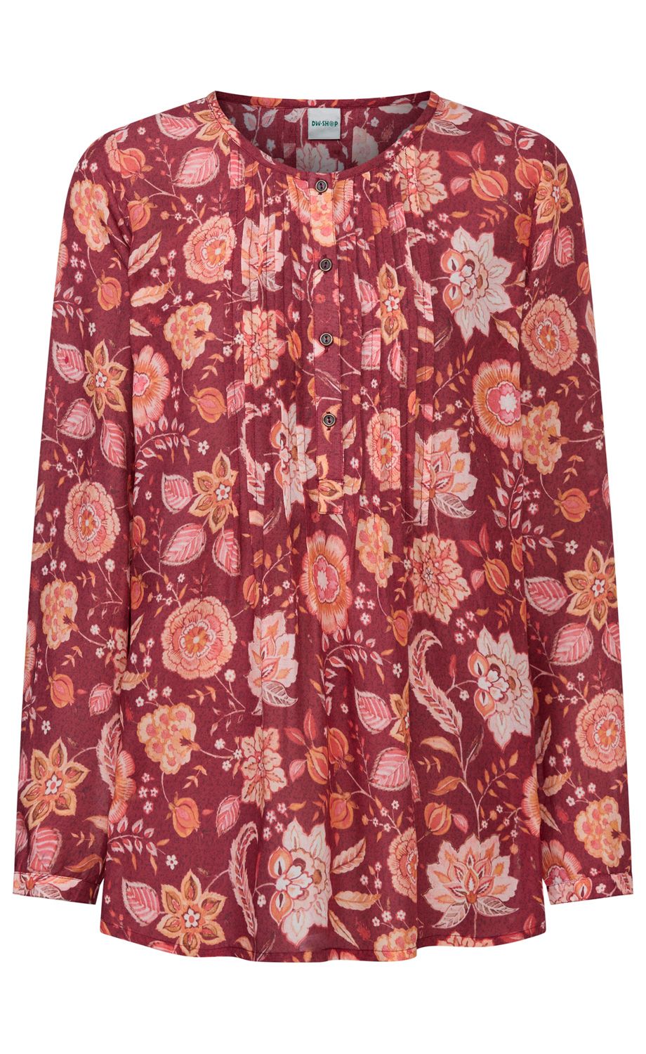 Langärmliges Damenoberteil in Bordeauxrot mit floralem Muster in Rosé, Orange und Beige, Rundhalsausschnitt, Knopfleiste mit vier kleinen Knöpfen und dezenter Raffung am Vorderteil