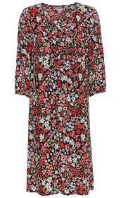Viskose-Kleid in Schwarz mit buntem Blumenmuster in Rot, Weiß, Rosa und Hellblau, V-Ausschnitt, 3/4-Ärmel, leicht tailliert, knielang, locker fallend, lässiger Stil