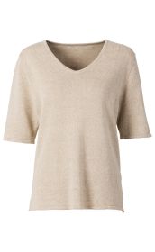 Leinen-Mix-Pullover in Beige, kurzärmlig, V-Ausschnitt, leicht strukturierter Stoff, lockere Passform, schlichtes, unifarbenes Design, geeignet für den Sommer, natürliche Materialien und angenehmer Tragekomfort.
