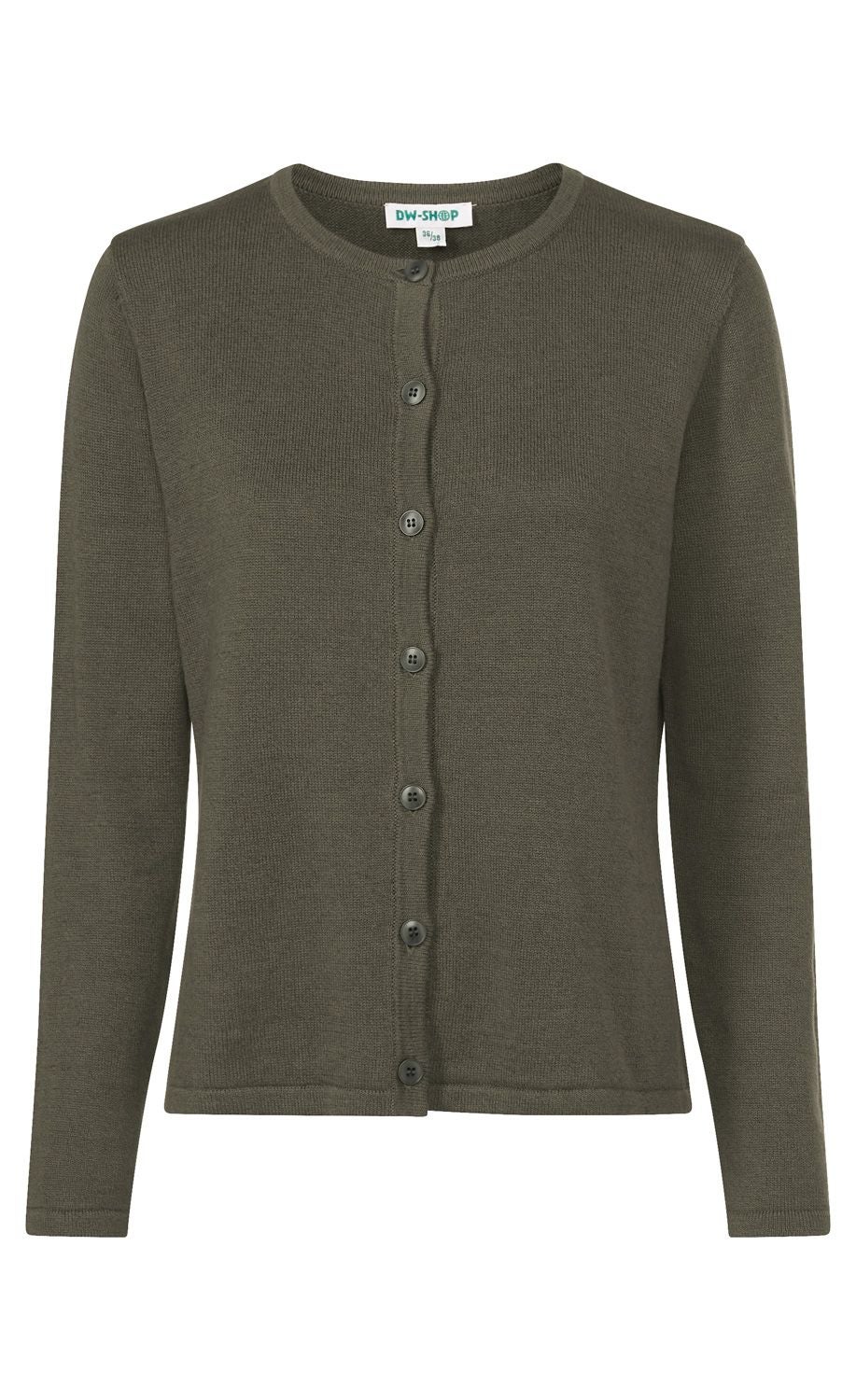 dunkelgrüne Strickjacke mit langen Ärmeln, runder Ausschnitt, durchgehende Knopfleiste mit sieben Knöpfen, schlichte und fein gestrickte Oberfläche, gerader Saumabschluss
