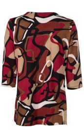 Baumwoll-Shirt Rückansicht mit dreiviertel Ärmeln, abstraktem Muster in Rot, Braun, Schwarz, Beige und Weiß, lockere Passform, rundhalsausschnitt, casual Stil
