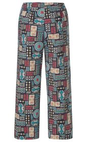 Baumwoll-Hose mit elastischem Bund, geradem Bein und buntem, geometrischem Ethno-Muster in Blau, Rot, Beige und Schwarz auf dunklem Hintergrund