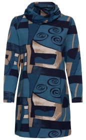 Baumwoll-Mix-Shirt mit langem Arm, blau-beige abstraktes Muster, hoher Kragen, locker geschnitten, geometrische Formen und Spiraldetails, lässiger Stil