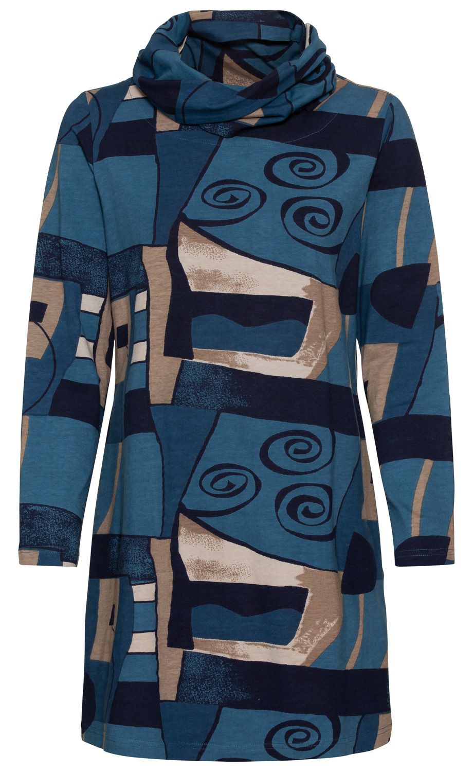 Baumwoll-Mix-Shirt mit langem Arm, blau-beige abstraktes Muster, hoher Kragen, locker geschnitten, geometrische Formen und Spiraldetails, lässiger Stil