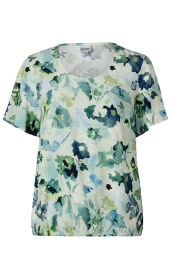 Viskose-Bluse mit rundem Ausschnitt und kurzen Ärmeln, locker geschnitten, elastischem Saum, floralem Aquarellmuster in Blau-, Grün- und Weißtönen