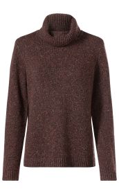 dunkelbrauner Woll-Mix-Pullover mit Rollkragen, feiner melierter Struktur, langen Ärmeln und gerippten Bündchen an Ärmelenden und Saum, gerade geschnitten