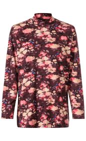 Baumwoll-Shirt mit langem Arm und Stehkragen, dunkelrot mit floralem Muster in Rosa, Rot, Beige und Blau, lockere Passform, weich und komfortabel, für Damen