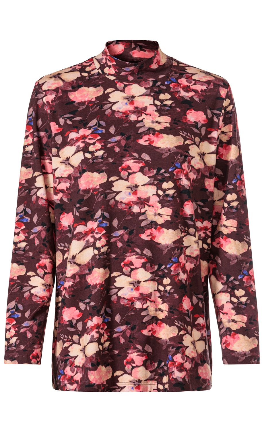 Baumwoll-Shirt mit langem Arm und Stehkragen, dunkelrot mit floralem Muster in Rosa, Rot, Beige und Blau, lockere Passform, weich und komfortabel, für Damen