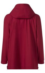Rückansicht einer roten Baumwoll-Jacke mit Kapuze und langen Ärmeln, elastischen Ärmelabschlüssen und geradem Saum