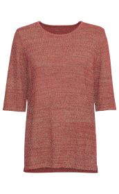 roter Baumwoll-Pullover mit Rundhalsausschnitt und halblangen Ärmeln, locker gestrickt, melierte Struktur, gerade geschnitten