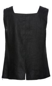 Schwarzes, ärmelloses Leinen-Top mit quadratischem Ausschnitt, gerade geschnitten, mit Naht in der Mitte und kleiner Öffnung am Saum hinten, schlichtes Design, leichter Stoff mit grober Struktur