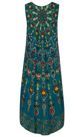Ärmelloses Viskose-Kleid in Türkis mit buntem, floral inspiriertem Ethno-Muster, Rundhalsausschnitt, locker fallend und leicht ausgestellt, Saum mit kontrastierendem Blumenmuster