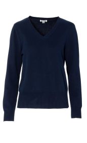 dunkelblauer Baumwoll-Pullover mit V-Ausschnitt, langen Ärmeln und gerippten Bündchen an Ärmeln und Saum, schlichtes Design