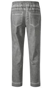 Graue Baumwoll-Mix Hose mit elastischem Bund, geradem Beinverlauf und zwei aufgesetzten Gesäßtaschen, Rückansicht.