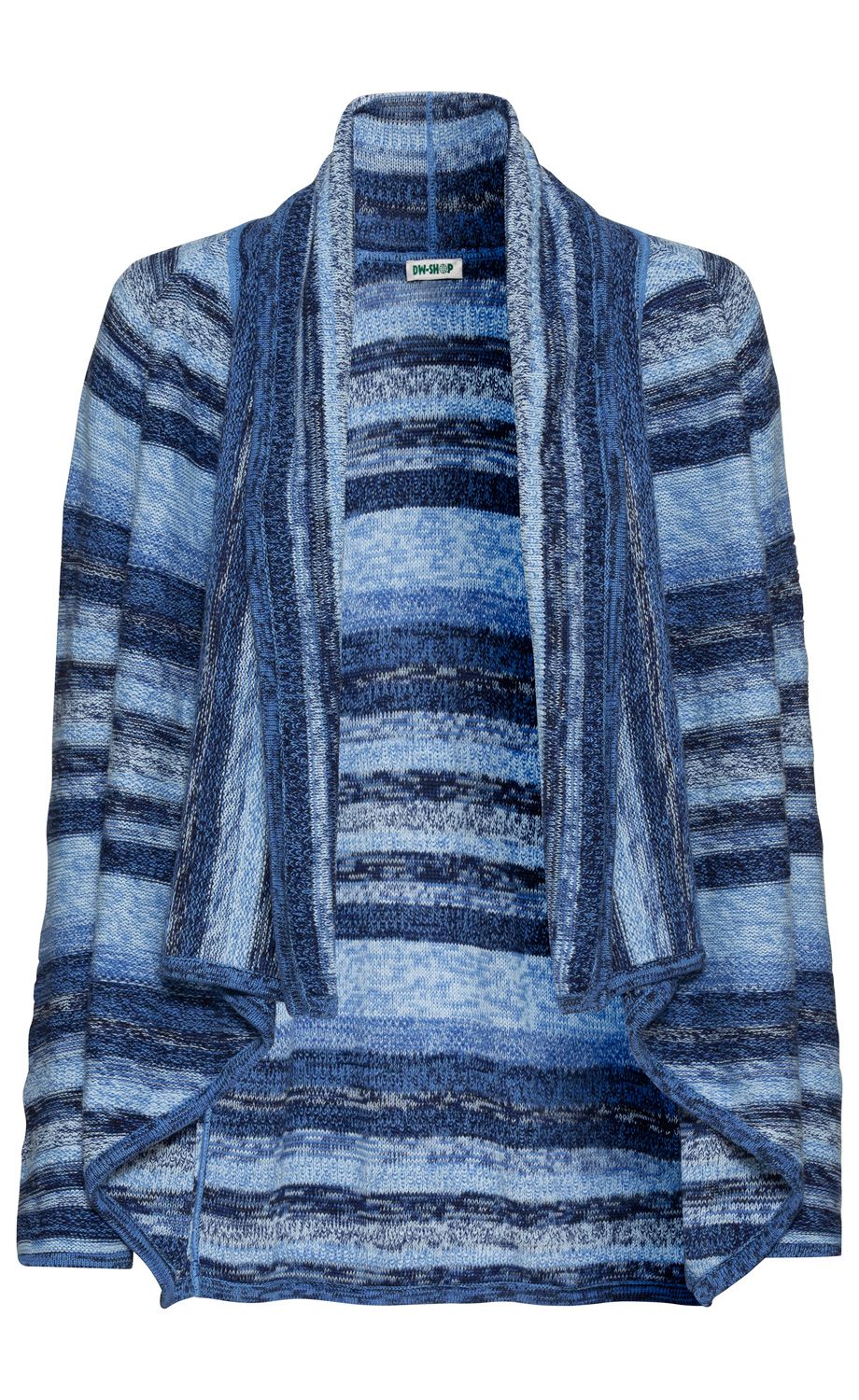 Baumwoll-Jacke in Blau mit verschiedenen Streifenmustern, offen geschnitten mit locker fallendem Kragen, lange Ärmel, fließender Saum, gestrickte Struktur, dezent meliert, bequem und lässig