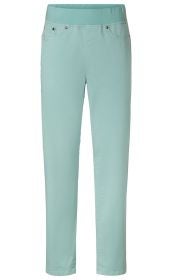 Baumwoll-Mix-Hose in Hellmintgrün, schmal geschnitten, elastischer Bund, zwei vordere Taschen mit Metallnieten, leicht strukturierter Stoff, knöchellange Damenhose