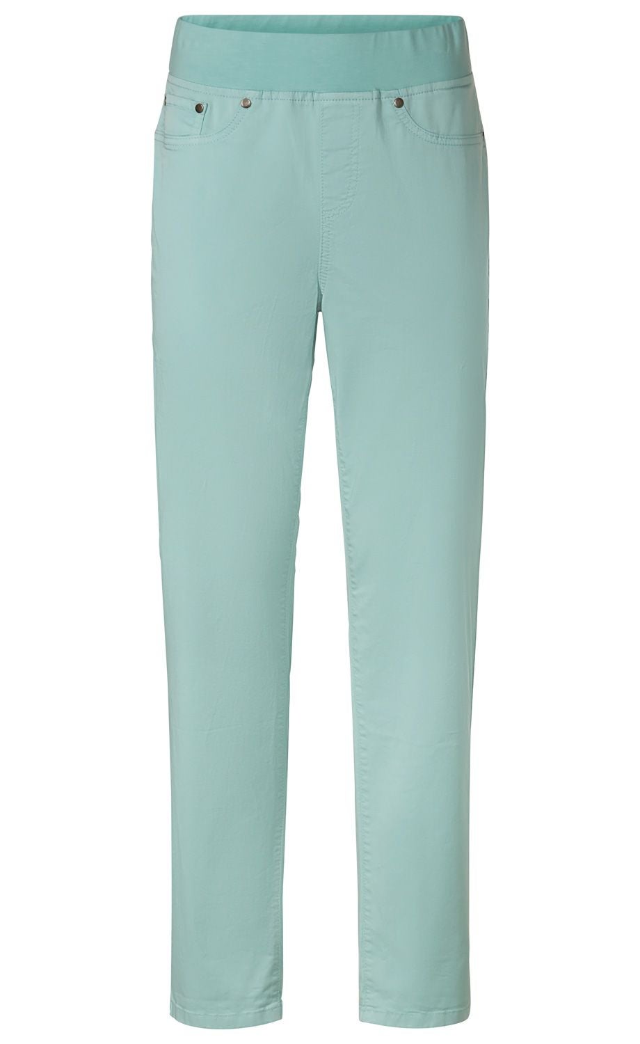 Baumwoll-Mix-Hose in Hellmintgrün, schmal geschnitten, elastischer Bund, zwei vordere Taschen mit Metallnieten, leicht strukturierter Stoff, knöchellange Damenhose