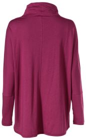Baumwoll-Mix-Shirt in Dunkellila, Rückansicht, langärmlig, locker geschnitten, hoher Kragen, mittige Rückennaht, dehnbares, weiches Material, schlichtes Design ohne Muster oder Aufdruck