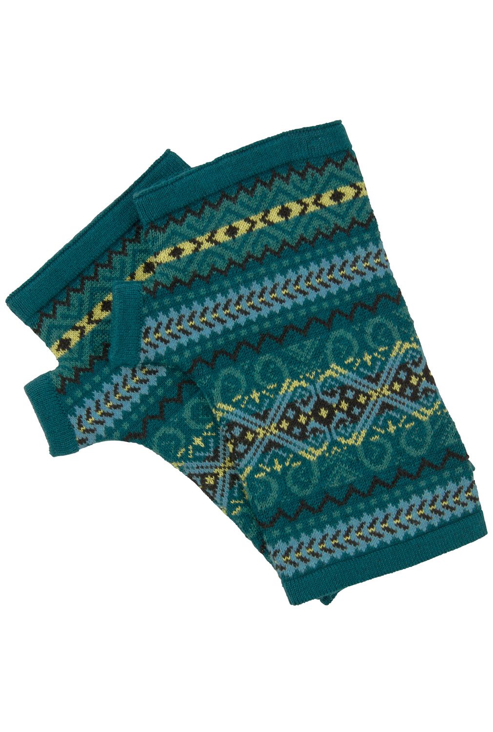 Baumwoll-Mix-Pulswärmer in Petrol mit mehrfarbigem Norweger-Muster, handgestrickt, ohne Finger, mit elastischen Bündchen