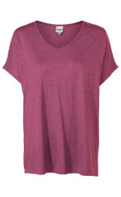 Damen T-Shirt l.skose in bordeauxrot, kurzärmlig, V-Ausschnitt, lockere Passform, aus weichem, leicht meliertem Stoff, ohne Muster oder Aufdruck, schlichtes Design