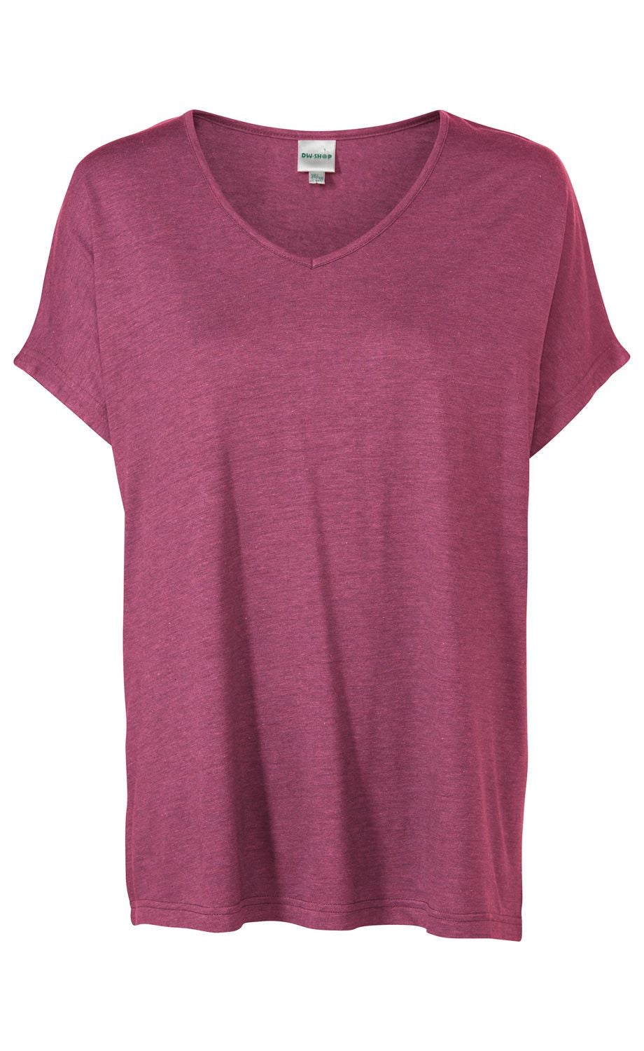 Damen T-Shirt l.skose in bordeauxrot, kurzärmlig, V-Ausschnitt, lockere Passform, aus weichem, leicht meliertem Stoff, ohne Muster oder Aufdruck, schlichtes Design