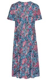 Baumwoll-Kleid, hinten, knielang, kurzarm, blau mit floralem Muster in Pink, Rot, Beige und Dunkelblau, leicht fallend, Rundhalsausschnitt, leichte Falten im Stoff