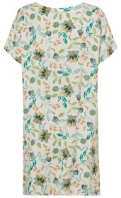 Viskose-Kaftan mit kurzem Arm, weißer Hintergrund, florales Muster in Blau, Grün, Senfgelb und Orange, locker geschnitten, knielang, leichte Stoffqualität