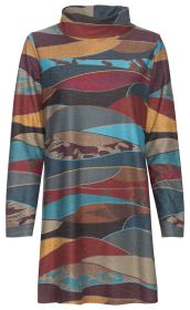 Baumwoll-Shirt mit langem Arm und Rollkragen, gemustert mit wellenförmigen Streifen in Rot-, Blau-, Braun- und Gelbtönen, weicher Stoff, leichte A-Linie, Casual-Design