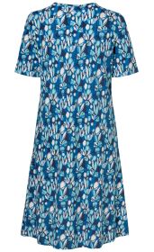 Viskose-Mix-Kleid, knielang, kurzärmelig, A-Linie, blaues Grundmuster mit abstrakten weißen und türkisen Blattformen, rundhalsausschnitt, leichte Struktur, lässiger Schnitt