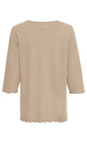 Beiges Baumwoll-Shirt mit 3/4-Ärmeln, Rundhalsausschnitt, gewelltem Saum an Ärmeln und Bund, Rückansicht, schlichtes Design