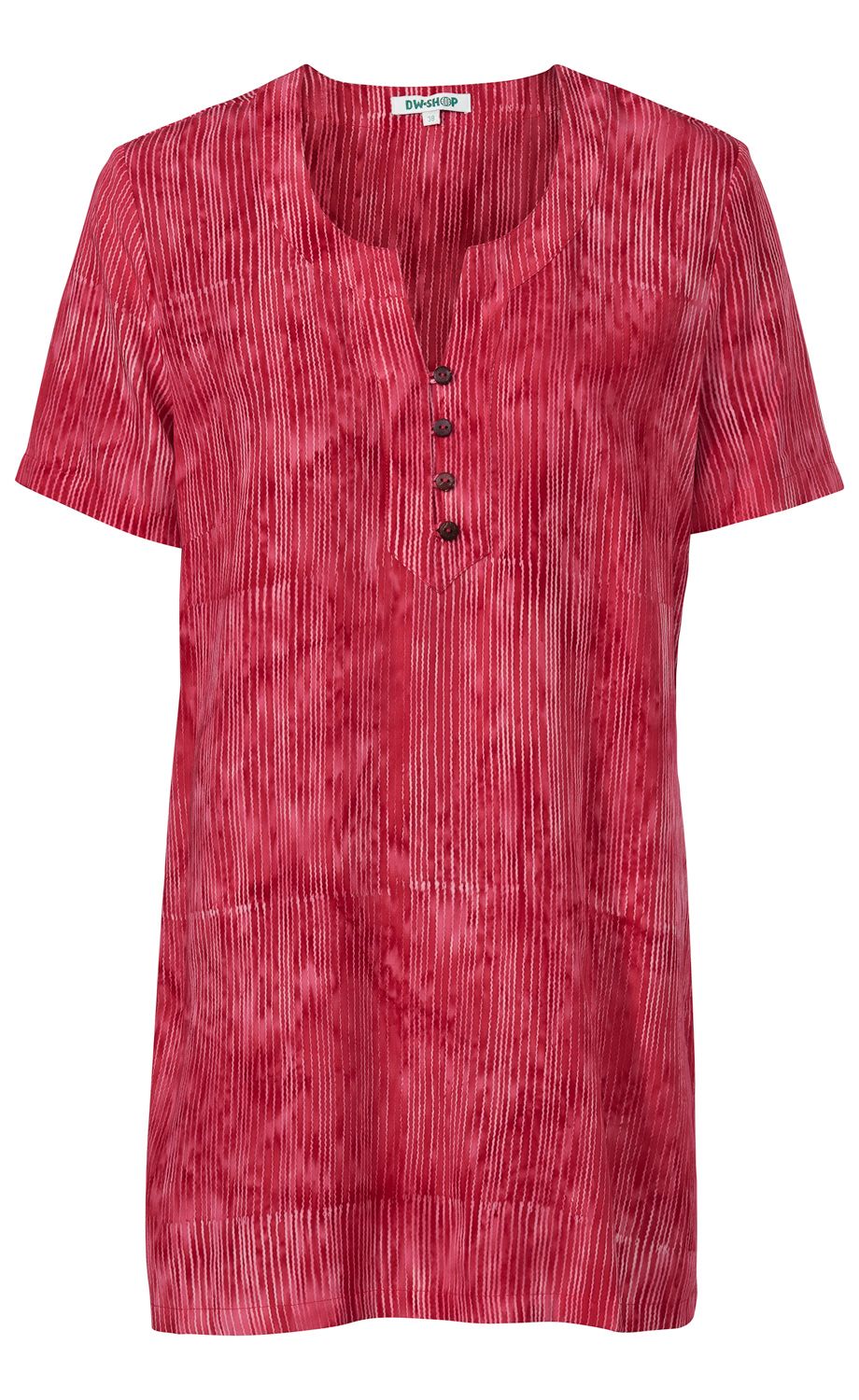 rote Viskose-Bluse mit feinen weißen Streifen, kurzen Ärmeln, rundem Ausschnitt mit Knopfleiste und vier kleinen schwarzen Knöpfen, gerade geschnitten