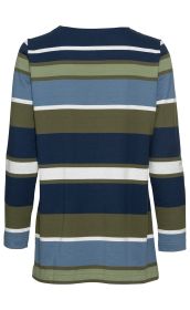 Baumwoll-Shirt, Rückansicht, langärmlig, gestreift in Dunkelblau, Hellblau, Olive, Weiß, Rundhalsausschnitt, gerade Passform, angenehmes Material, ideale Casual-Kleidung