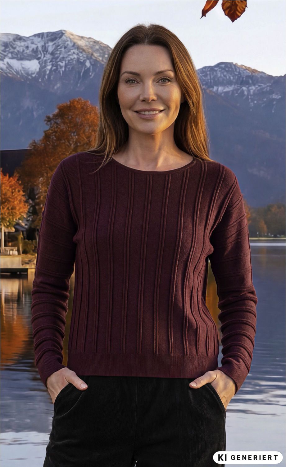 Frau trägt bordeauxfarbenen Baumwoll-Mix-Pullover mit vertikalen Rippen, steht vor herbstlicher Landschaft mit See, bunten Bäumen und schneebedeckten Bergen, Hände in den Taschen schwarzer Hose