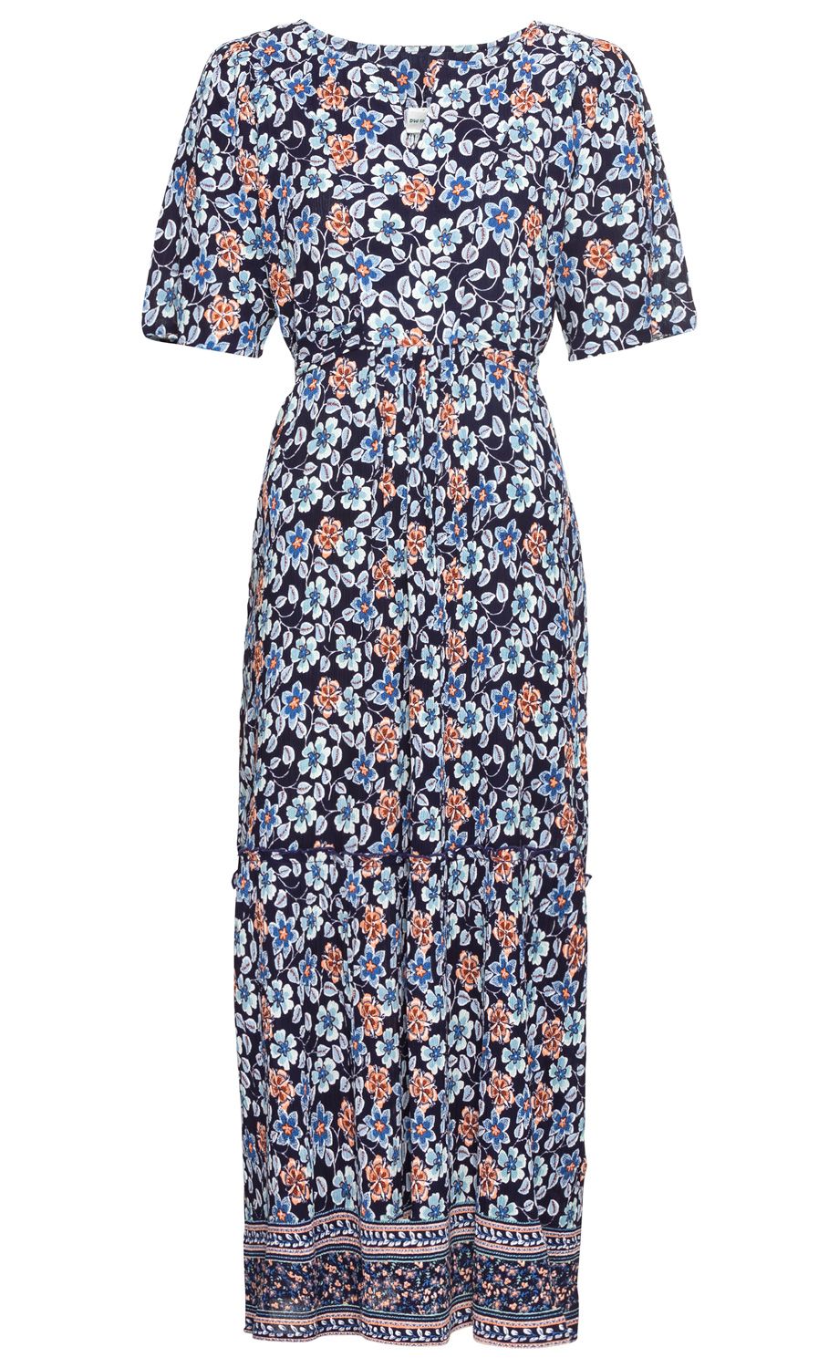Langärmeliges Viskose-Kleid mit blauem Grundton, floralem Muster in Blau, Orange und Weiß, hoher Taille und Stufenrock, knielang, lockere Passform, Rundhalsausschnitt, elastischer Bund, angenehmes leichtes Material.