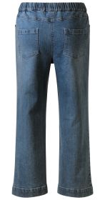 Rückansicht einer blauen Baumwoll-Mix-Hose mit elastischem Bund, geradem Beinverlauf und zwei aufgesetzten Gesäßtaschen aus Jeansstoff