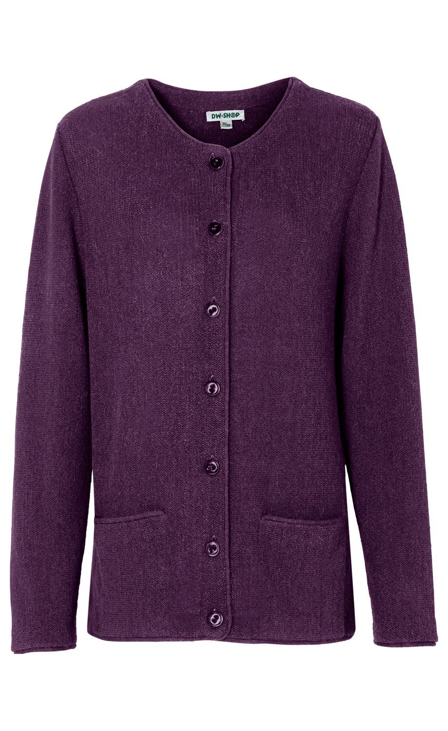 Dunkelviolette Alpaka-Strickjacke mit Rundhalsausschnitt, durchgehender Knopfleiste und zwei aufgesetzten Taschen, Langarm, weiche, fein strukturierte Oberfläche