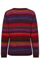 Alpaka-Pullover in auffälligem mehrfarbigem Muster mit horizontalen Streifen in Rot, Lila, Orange und Schwarz, Rückansicht, lange Ärmel, Rundhalsausschnitt, feine Strickstruktur