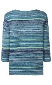 Baumwoll-Pullover in Blau- und Türkistönen mit längs verlaufenden Streifen in Hellgrün und verschiedenen Blauschattierungen, Rückenansicht, langärmlig, rundhalsausschnitt, grob gestrickt, lässiger Schnitt