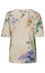 Baumwoll-Shirt in Creme mit bunten Aquarellflecken und filigranen, schwarzen floralen und blattförmigen Linienmustern, kurzen Ärmeln und Rundhalsausschnitt, Rückansicht