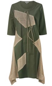 Damen Baumwoll-Mix-Kleid in Olivgrün mit beigen Netz-Einsätzen, halblangen Ärmeln, rundem Ausschnitt und dekorativen Bändern vorne, asymmetrischem Saum mit Netzelementen, Größe 38