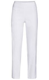 Weiße Viskose-Mix-Hose mit elastischem Bund, schmaler Passform und geradem Bein, ohne sichtbare Verschlüsse oder Taschen, Frontansicht auf weißem Hintergrund