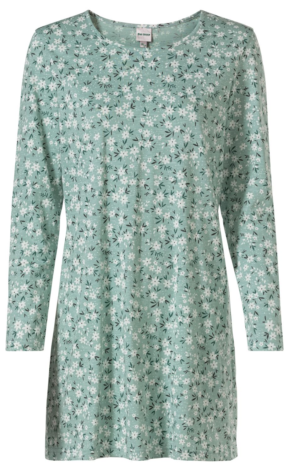 leichter Baumwoll-Shirt in Mintgrün mit weißem Blumenmuster, langärmlig, Rundhalsausschnitt, legerer Schnitt, Größe 36/38, modisch und bequem