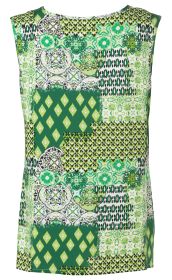Viskose-Top ohne Ärmel mit Patchwork-Muster in verschiedenen Grüntönen, Weiß und Schwarz, mit geometrischen und floralen Motiven, rundem Halsausschnitt, gerade geschnitten