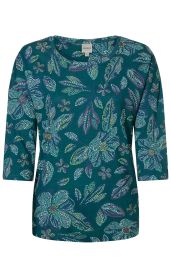 grünes Viskose-Shirt mit 3/4-Ärmeln und buntem, abstraktem Blumenmuster in Weiß, Gelb, Lila und Blau, Rundhalsausschnitt, leger geschnitten