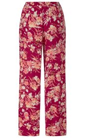 Viskose-Hose in Pink mit floralem Muster in Weiß, Rosa und Apricot, gerade geschnitten, elastischer Bund, leichte Struktur im Stoff